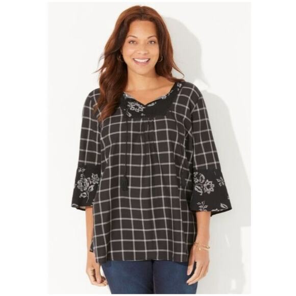 Catherines Blouse Size 2XWP (22/24WP) NWT Georgette B&W Plaid Floral Bell Sleeve - Picture 1 of 13